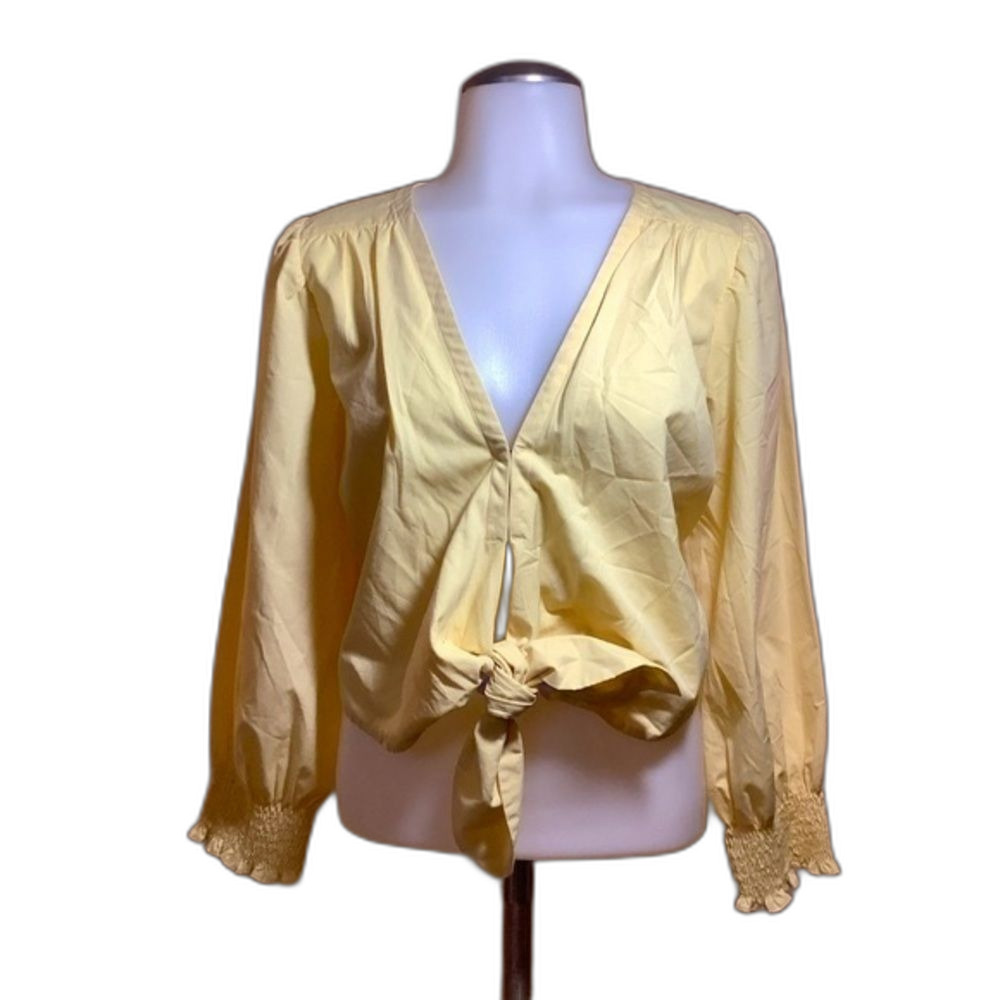 Tie front V neck long sleeve top with deep V elastic cuffs clasp closure pastel
